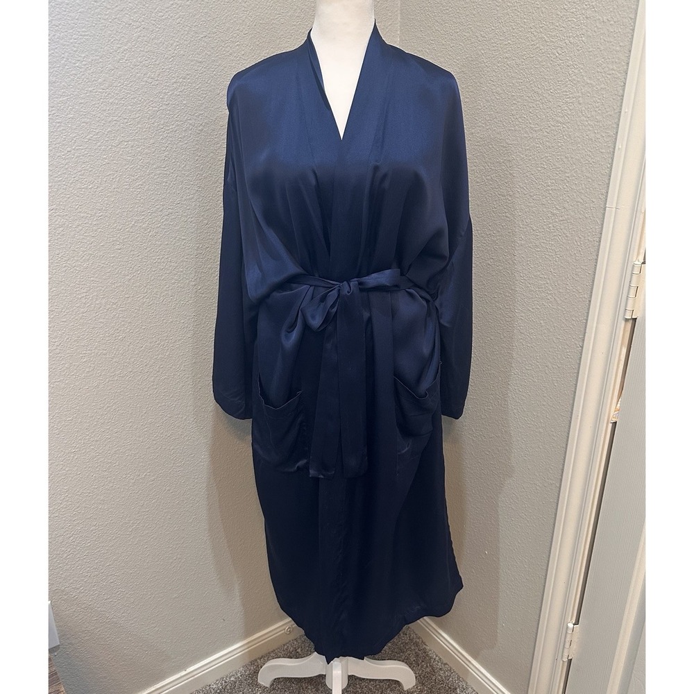 Vtg‎ Reckless Navy Blue Silk Robe Kimono Lightweight One Size